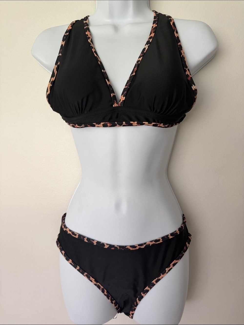 Black Bikini Set with Leopard Trim - Women Swim